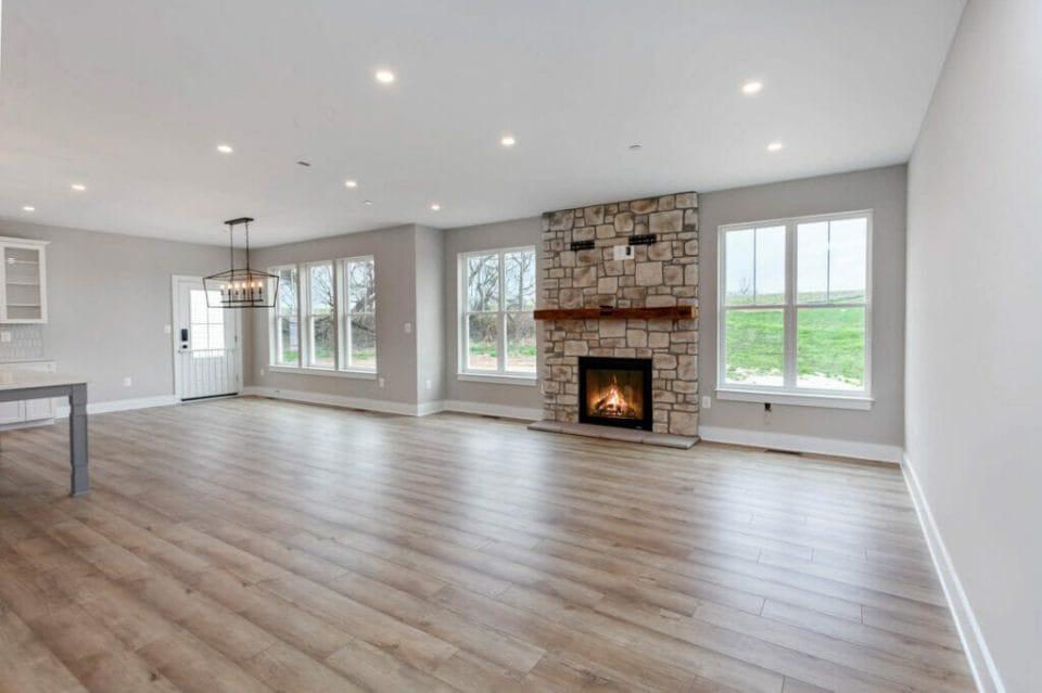Vineyard model living room fireplace