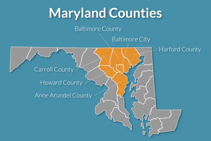 custom home building locations map with maryland counties